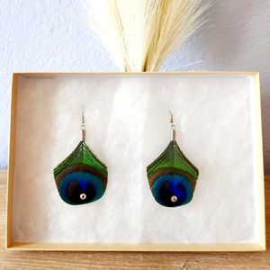 Boho Blue Green Peacock Feather Earrings